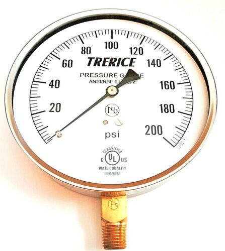 Stainless Steel Pressure Gauge, Lower Conn. 1/4" NPT 4.5"- Trerice (0 - 200 psi) - Afbeelding 1 van 1