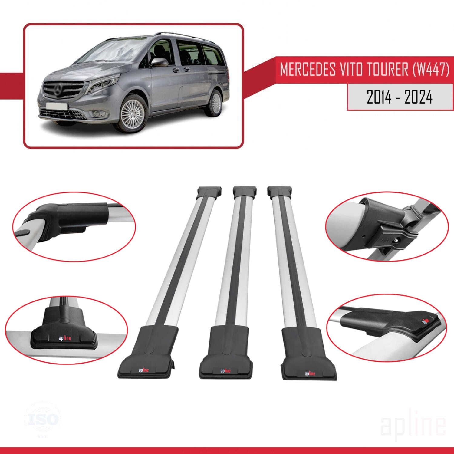 MDAK Compatibile con Mercedes Vito 3 (W447) 2014-2024 FLY Model Barre Tetto Portapacchi Auto Barre Portatutto Nero Alluminio 2 Barre