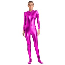 Women Shiny Metallic Unitard Long Sleeve Catsuit Jumpsuit Bodystocking Dancewear