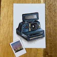 ACEO dipinto originale, vintage, Polaroid, macchina fotografica, paesaggio, pellicola acquerello