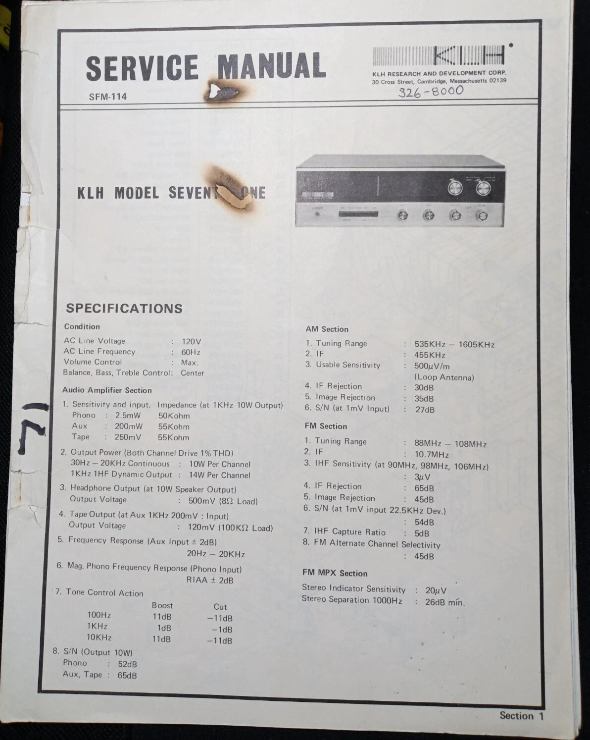 KLH Model 71 Stereo System Service Manual Original