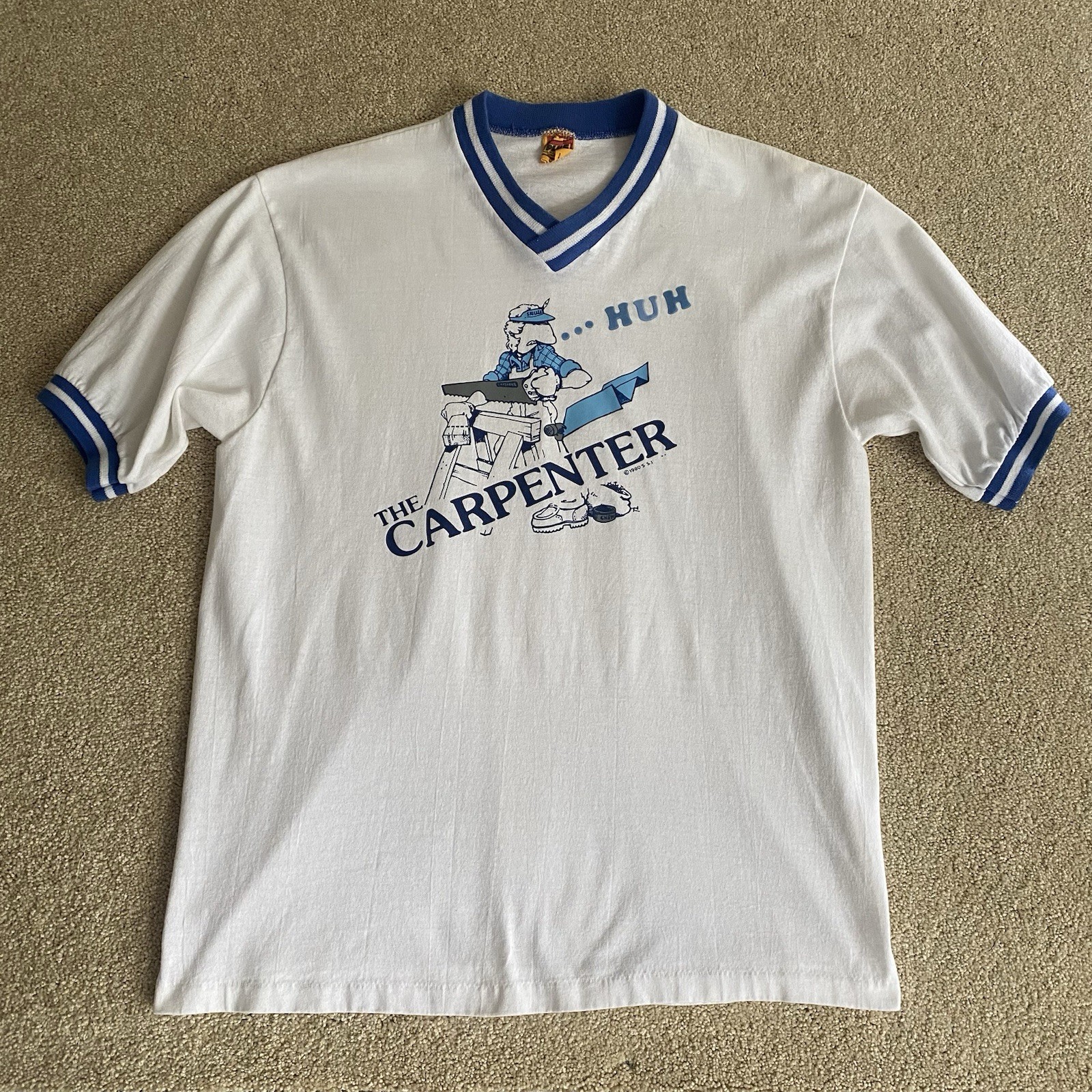 Vtg 1980s Carpenters T-shirt Mens L Single Stitch Funny Tee Blue 80s