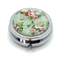 Pale Green Pink Peony Rose Vintage-Style Floral Purse Travel Vitamin Pill Box