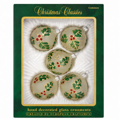 Commodore Christmas Classics European Glass Ornaments Holly Berry Set Of 5