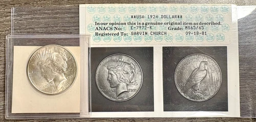1924 Peace Silver Dollar $1 with Vintage ANACS Photograde Cert "MS 65/65" Grade