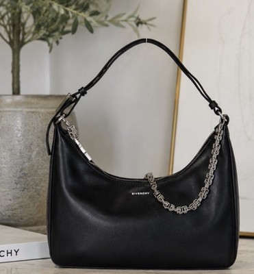 Givenchy Black Box Leather Moon Hobo Shoulder Bag Silver Chain Excellent Conditi