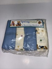 4 Springmaid Receiving Blankets Blue Teddy Bear Stars 100 Cotton