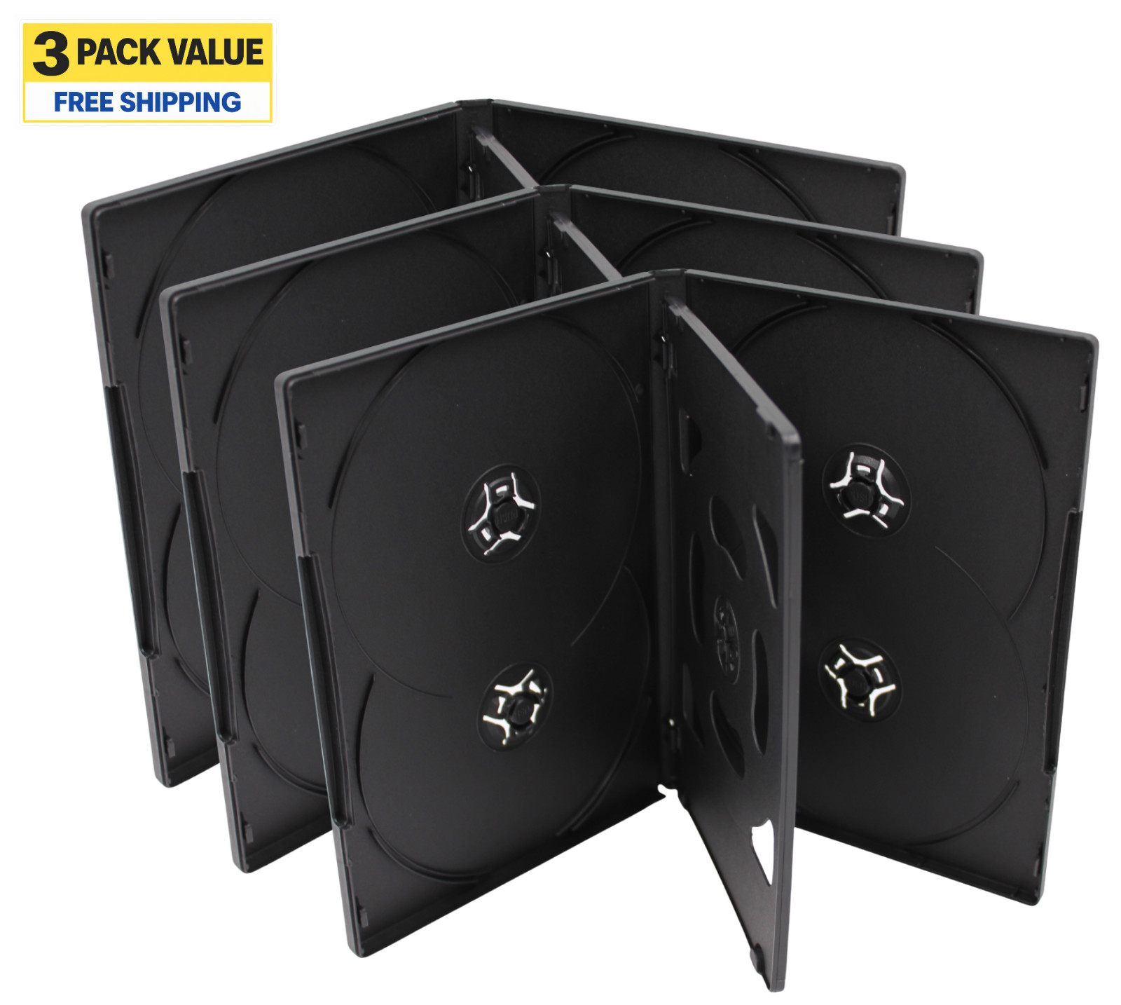 3 Pack Standard Black DVD Replacement Movie Cases 14mm 6 Disc With Clear Sleeve
