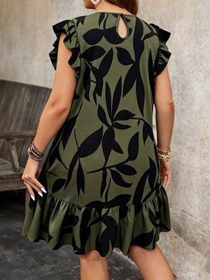 Army Green Abstract Leaf Print Smock Dress With Flounce Sleeve Plus Size  0XL | eBay