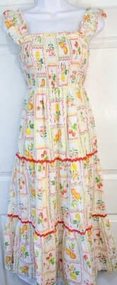 RACHEL ZOE Summer Citrus Fruit Tiered Midi Dress With Bric Brac Trim Size Small
