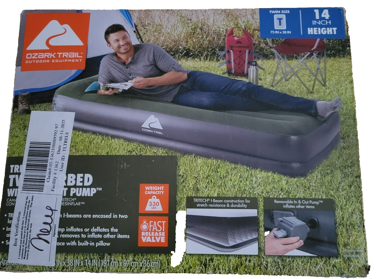 Ozark Trail 14" Air Mattress with In & Out Pump, Twin,  New 