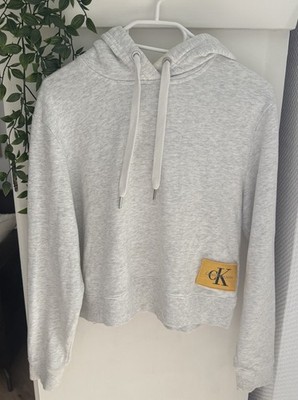 Calvin Klein Jeans Damen Hoodie Kapuzenpullover Grau Gr. S Logo-Patch Kordel