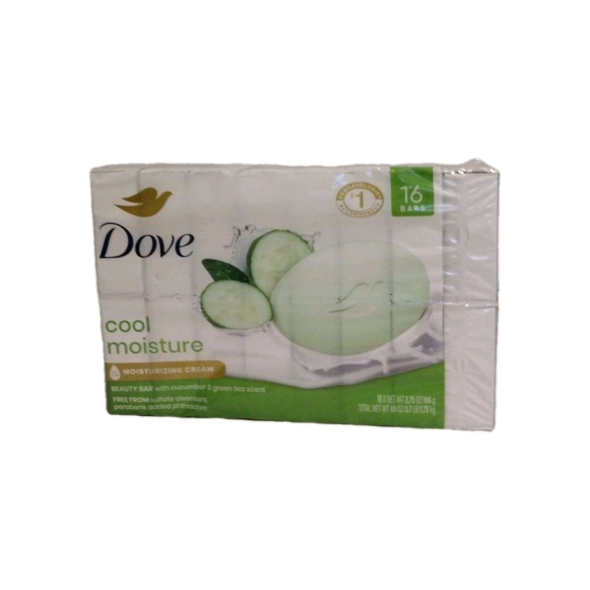 Dove Cool Moisture Beauty Bar with Green Tea Cucumber Scent 3.75 oz Pack of 16