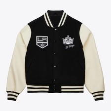 Los Angeles Kings Black Body Cream Leather Sleeves Varsity Jacket Men Size L
