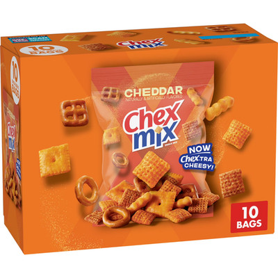 Chex Mix Cheddar Snack Mix, Single Serve Snack Bags, Multipack, 10 Count, 17.5 o