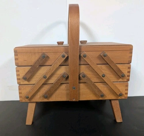 MCM Sewing Box 3 Tier Wooden Accordion Style Made In Romanian 