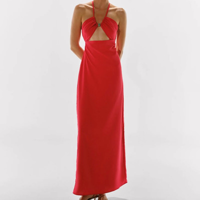 Baobab Rho Maxi V-Neck Front Dress in Off Red Chiffon - Women's Size Medium