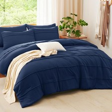 Full Size Comforter Set Navy Blue 7 Pieces Soft Pinch Pleat Bed in a Bag Sheets