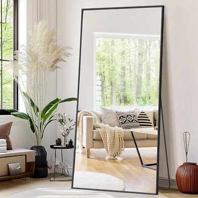 Oversized 76''x34'' Full Length Black Floor Mirror with Stand for Home Gym & Bedro