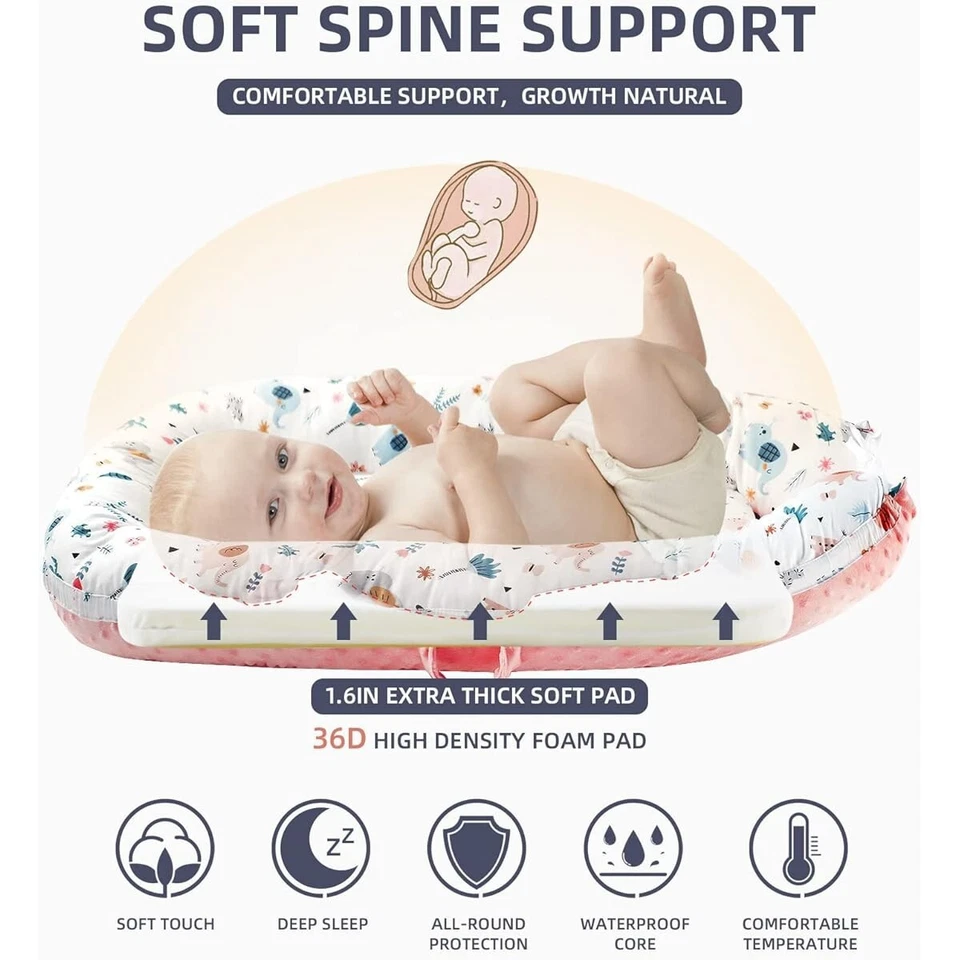 Baby Lounger for Newborn Baby Nest With Pillow Pink Elephant Safari Pattern NEW - Image 2 of 4