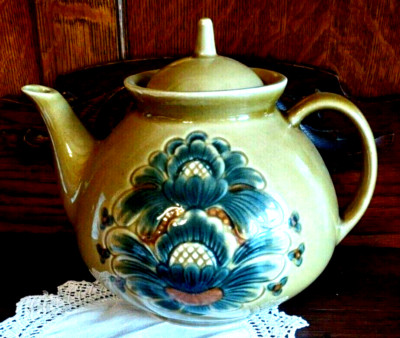 Teapot Ceramic Majolica VTG 1970s Hand Painted Glazed Floral w Lid Maker's Mark 