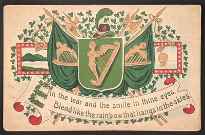 1909 St. Patrick's Day Embossed Postcard Shamrocks Erin's Isle Harp