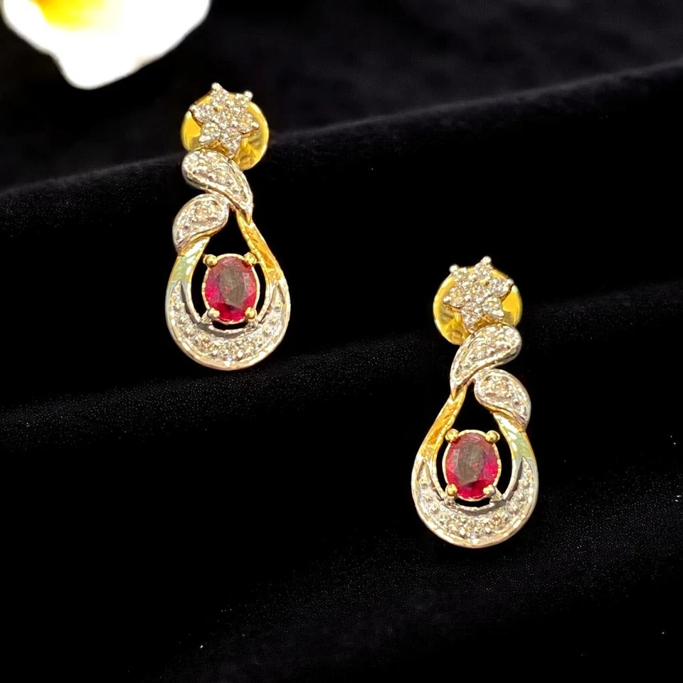 Pave 0.90 Cts F/VS1 Round Brilliant Cut Diamonds Ruby Dangle Earrings 14K Gold - Image 4 of 4