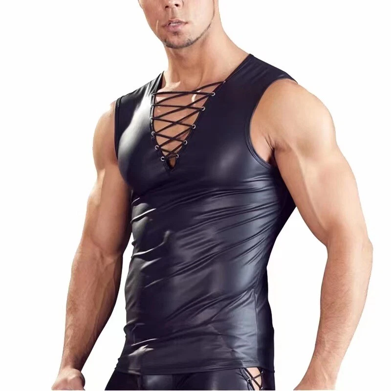 Herren Kunstleder Weste Ärmellos Hemd Tank Top Schnürer Weste S-7XL - Bild 2 von 4