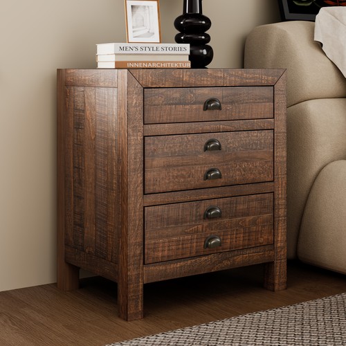 Rustic Farmhouse Style Three-Drawer Solid Pine Wood Nightstand w/Cup Pulls - Picture 2 of 15