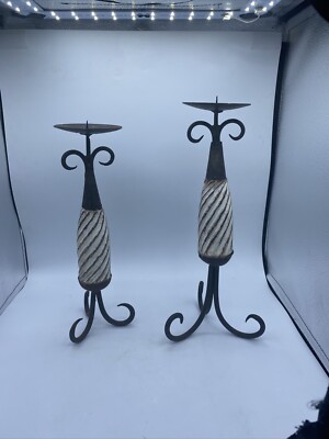 Candle holder set of two Rustic metal And Wood 12and 13 Inches  Unbranded