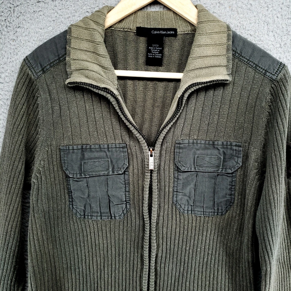 Suéter Calvin Klein Jeans Para Hombre S Verde Acanalado Cremallera Completa Simulación Comando Militar Foto 2 de 4