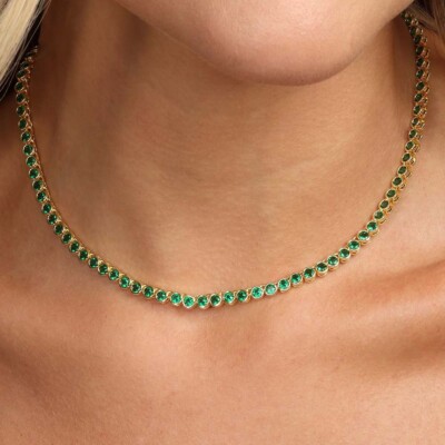 15CTW Created Bezel Set Green Emerald Tennis Women's Necklace Yellow Gold Plated