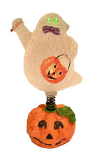 Lighted Bobble Ghost On a Pumpkin With Eerie Green Eyes - 11"