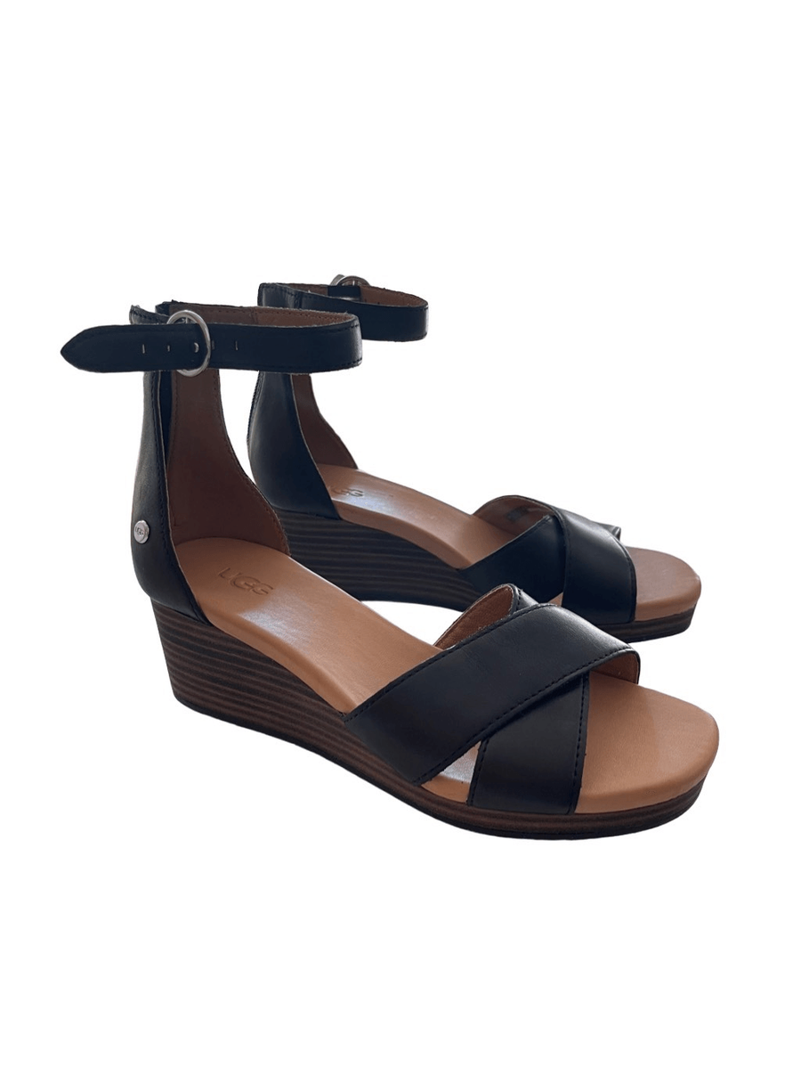 Ugg Womens Black Eugenia Leather Back Zipper Ankle Strap Wedge