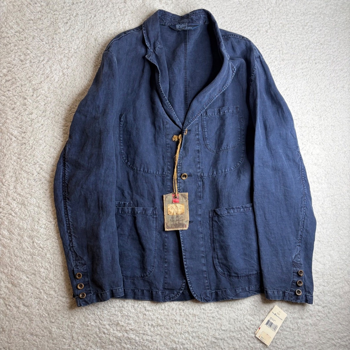 NEW 80S Polo Ralph Lauren Mens Navy Blue 100% Linen Unstructured