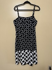 Talbots Geometric Tile Print Knee Length Spaghetti Strap Dress Women 16 Black