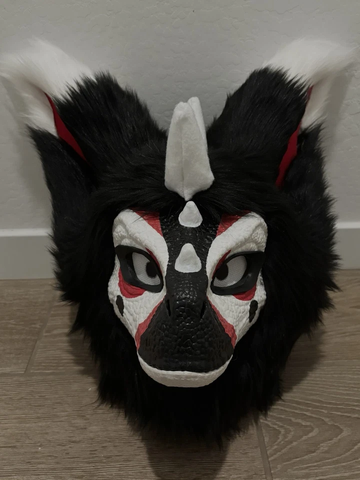 Dino Mask Fursuit Head black white and red with huge fluffy ears! - Image 2 of 4