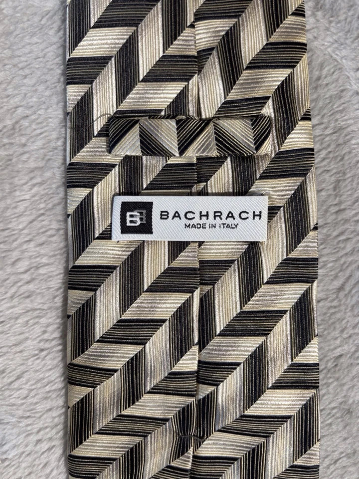 BACHRACH Men's 100% Silk Necktie ITALY Designer Geometric Black Gold - Image 3 of 4