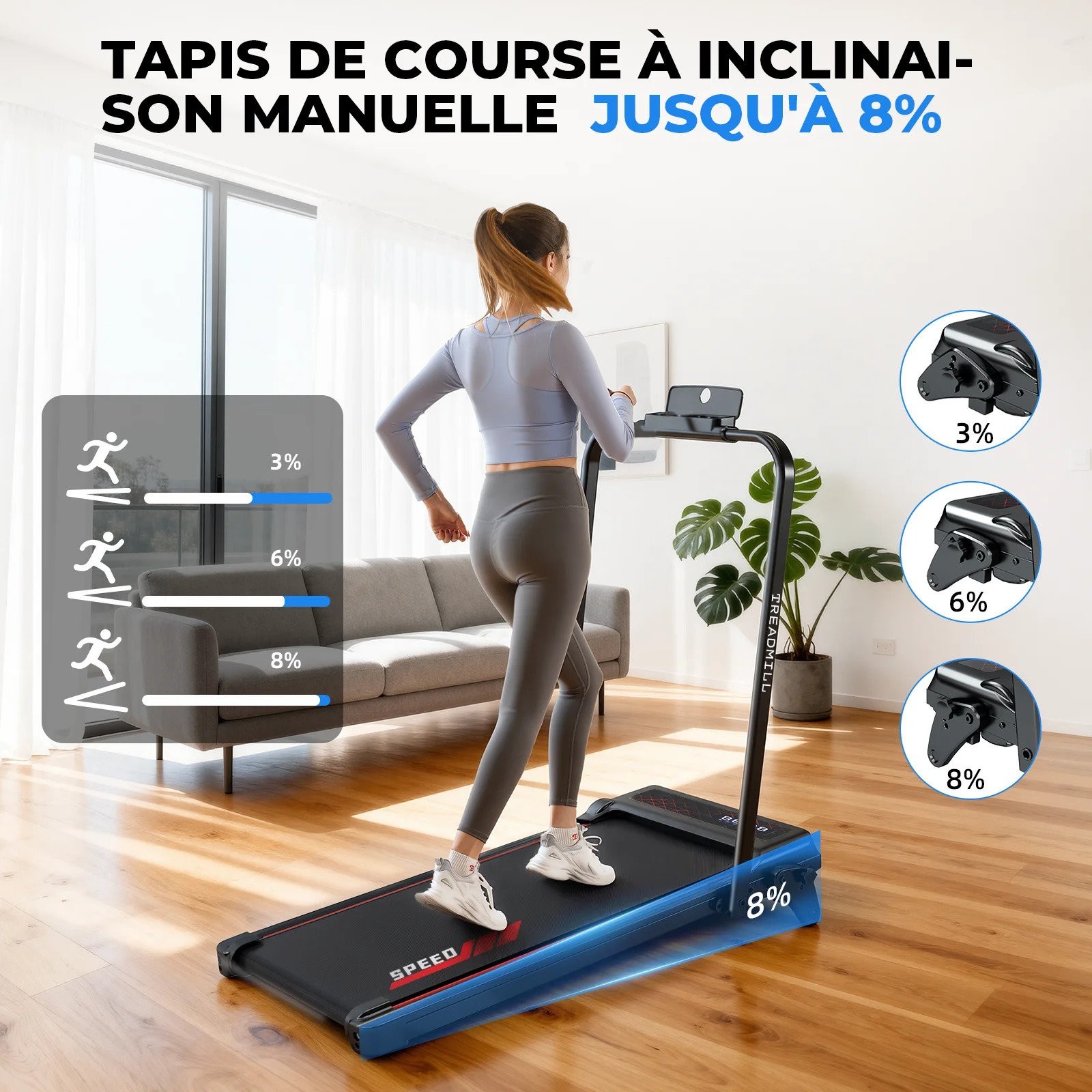 Tapis de course pliable 12km/h avec inclinaison 8% et structure robuste 100 kg max - 2