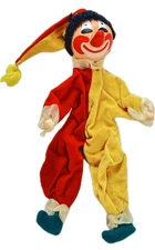 Vintage Japan Poseable Clown Doll Red Yellow Outfit Big Nose Novelty Figure
