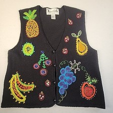 Knitting Needles Vtg 90s Y2K Beaded Embroidered Fruit Motif Ramie Cotton