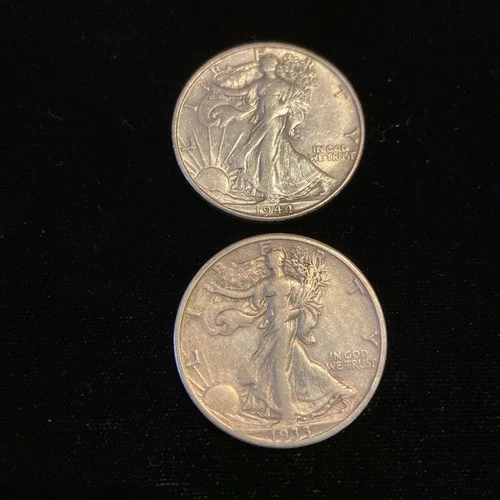 Walking Liberty Silver 2 Coin Half Dollar Lot: Key Date VF 1933-S & XF 1944-S.