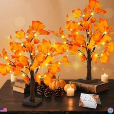 2 Pack Lighted Maple Trees - 48 LED Battery-Operated Fall Decor for Thanksgiving