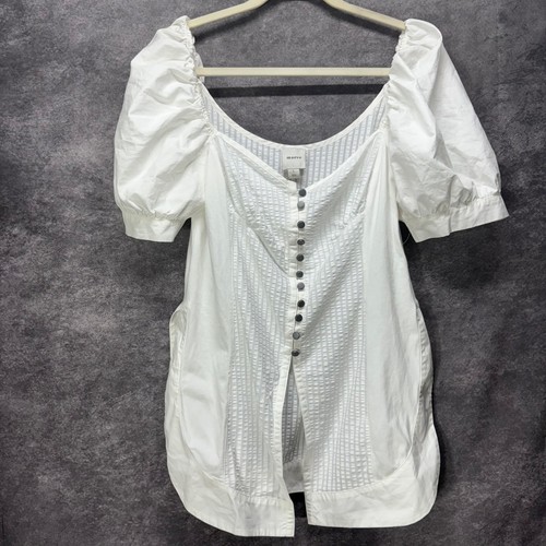 Maeve Anthropologie Puff-Sleeve Sweetheart Top Womens L White Button Textured