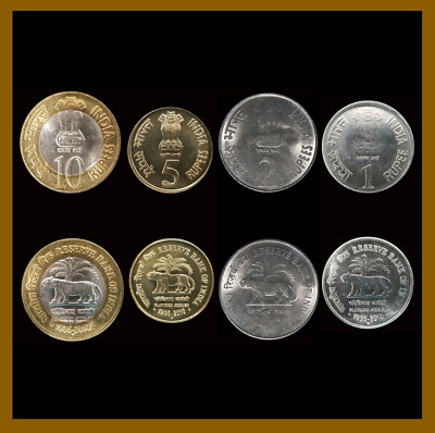 India 1 2 5 10 Rupees (4 Pcs Full Coin Set), 2010 Tiger 75 Platinum Jubilee Unc