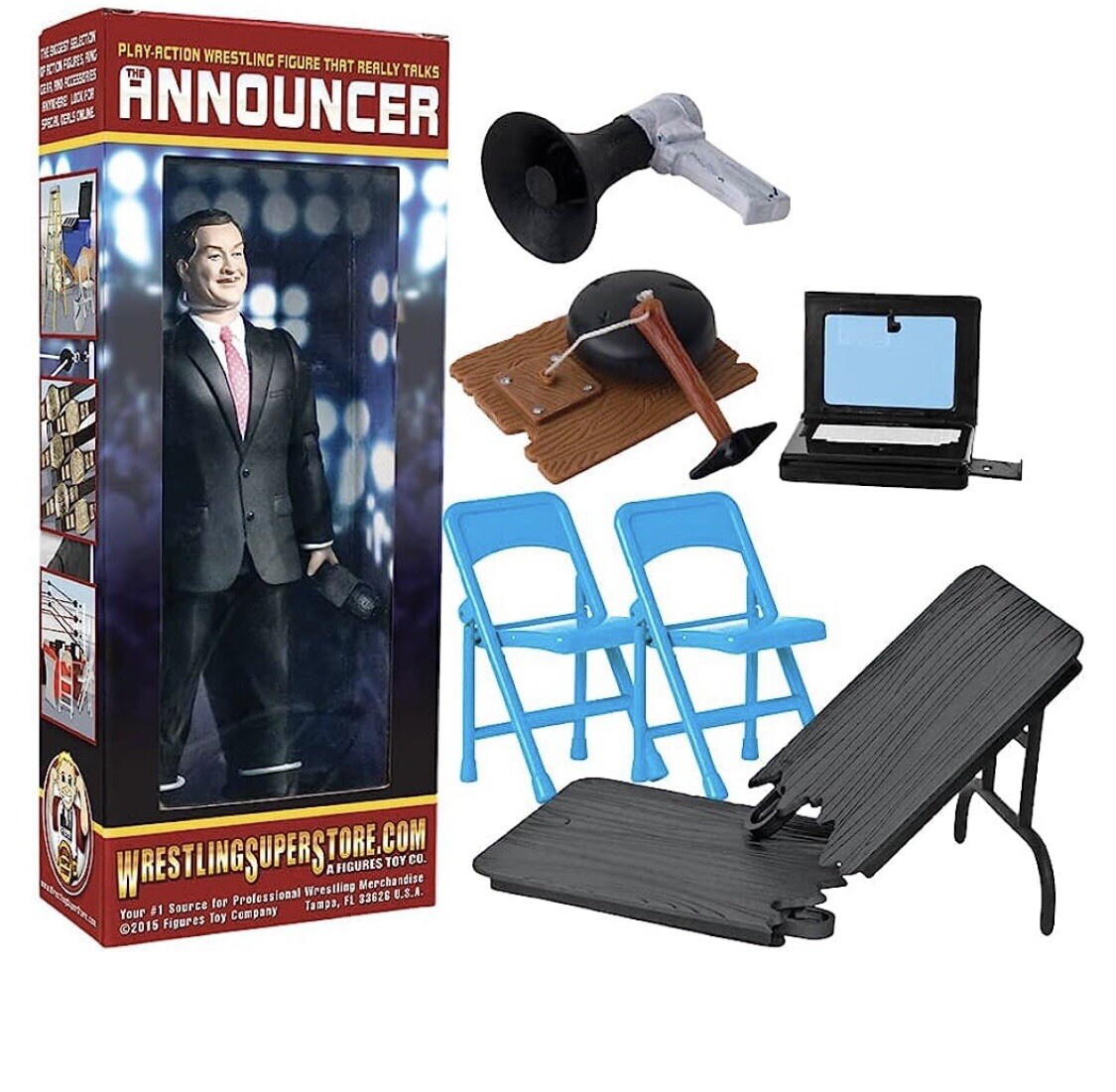 Wrestling Announcer Action Figure & Gear Breakaway Table chairs megaphone Laptop