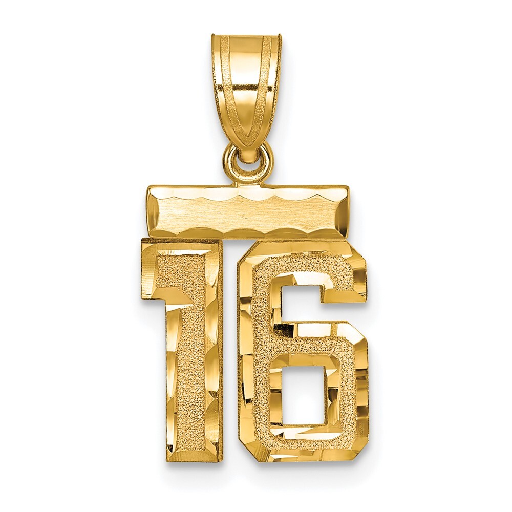 14k Yellow Gold Brushed Diamond-cut Number 16 Charm Pendant L-18.67mm 1.35gm
