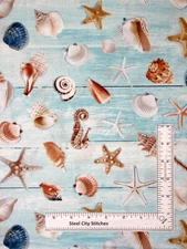 Beach Seashell Fabric Ocean Shells Aqua Cotton Timeless Treasures C6744 By Yard