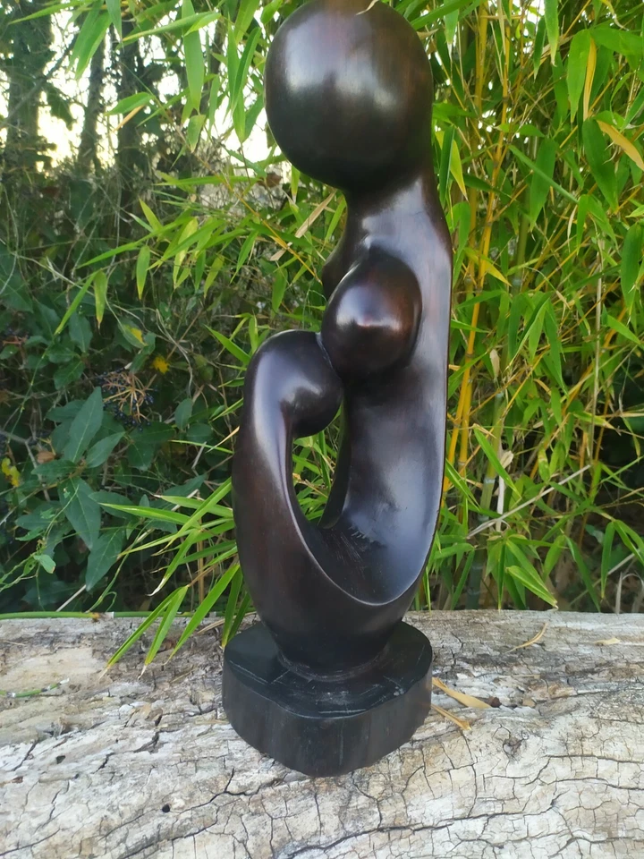 Grande Sculpture Femme à l'Enfant Ancienne, en Ebène, Statue Bois - Photo 2/4