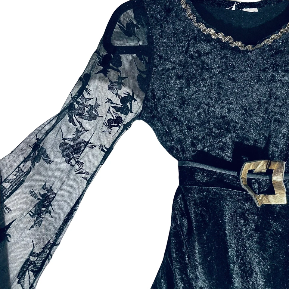 Vestido de Bruja Niñas Niño Talla Mediana Negro Disfraz de Halloween Borde de Plumas Foto 4 de 4